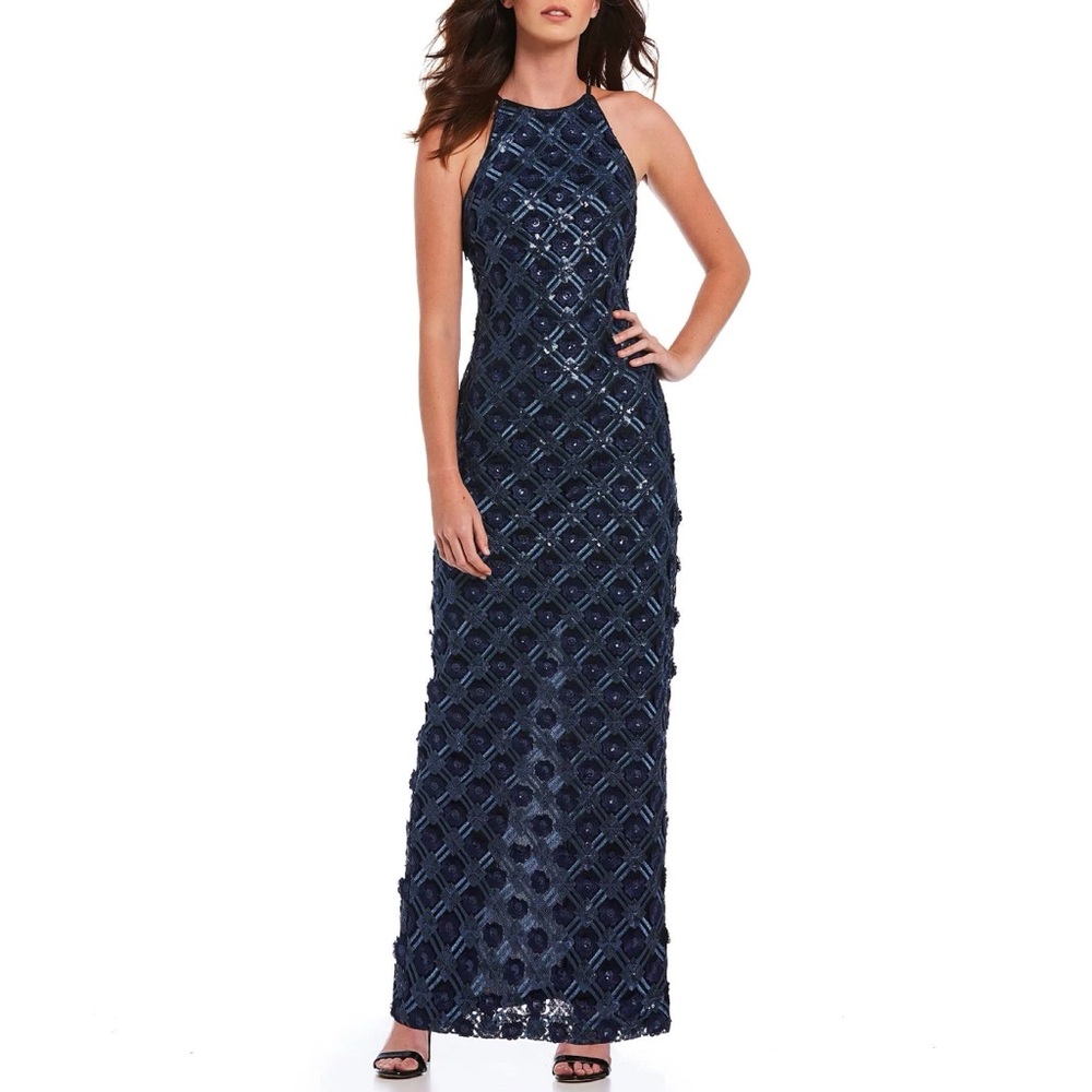 Belle‎ Badgley Mischka Sapphire 3D Floral Sequin Maxi Dress
size 6